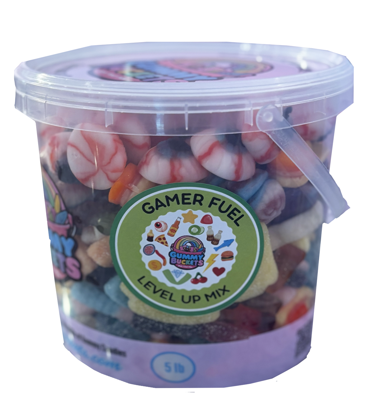 A 5 lb clear plastic tub filled with a colorful candy mix labeled 'GAMER FUEL LEVEL UP MIX' by Candy Cribbers, shown on a white background.