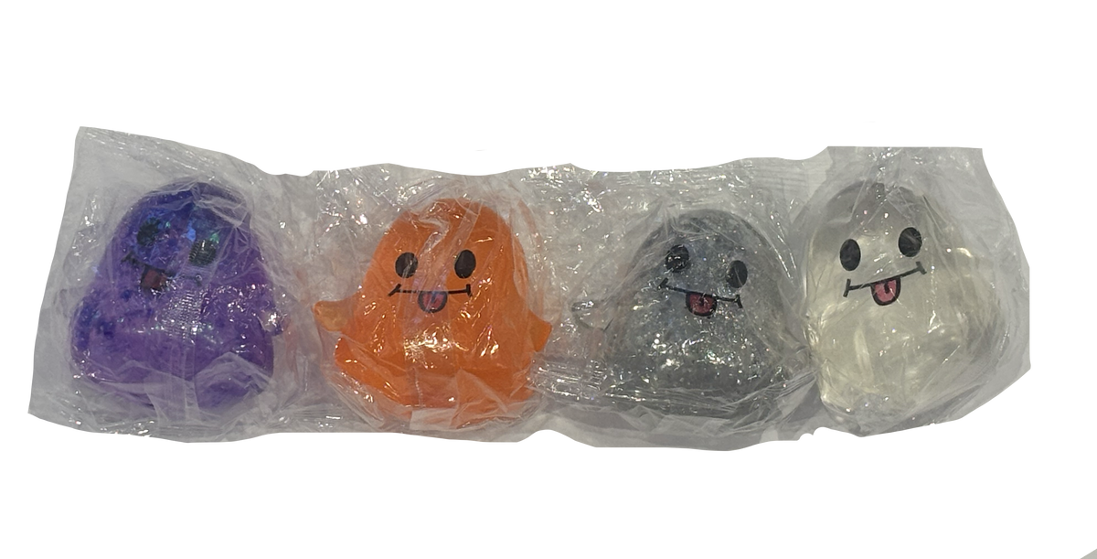 Four small plush ghost toys in clear plastic wrapping, shown side by side on a white background. The ghosts are purple, orange, dark gray, and white, each with simple black facial features and a pink tongue.
