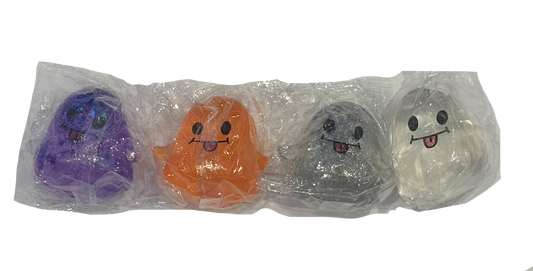Four small plush ghost toys in clear plastic wrapping, shown side by side on a white background. The ghosts are purple, orange, dark gray, and white, each with simple black facial features and a pink tongue.