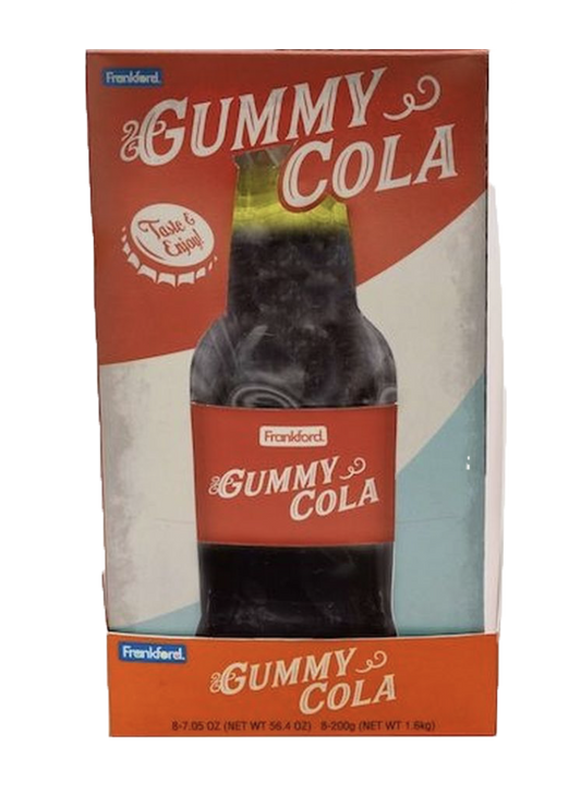 Frankford Gummy Cola Bottle  in its original retail packaging. The box features a clear window displaying a the cola and a bottle cap image on the left and then red, white and light blue stripes.