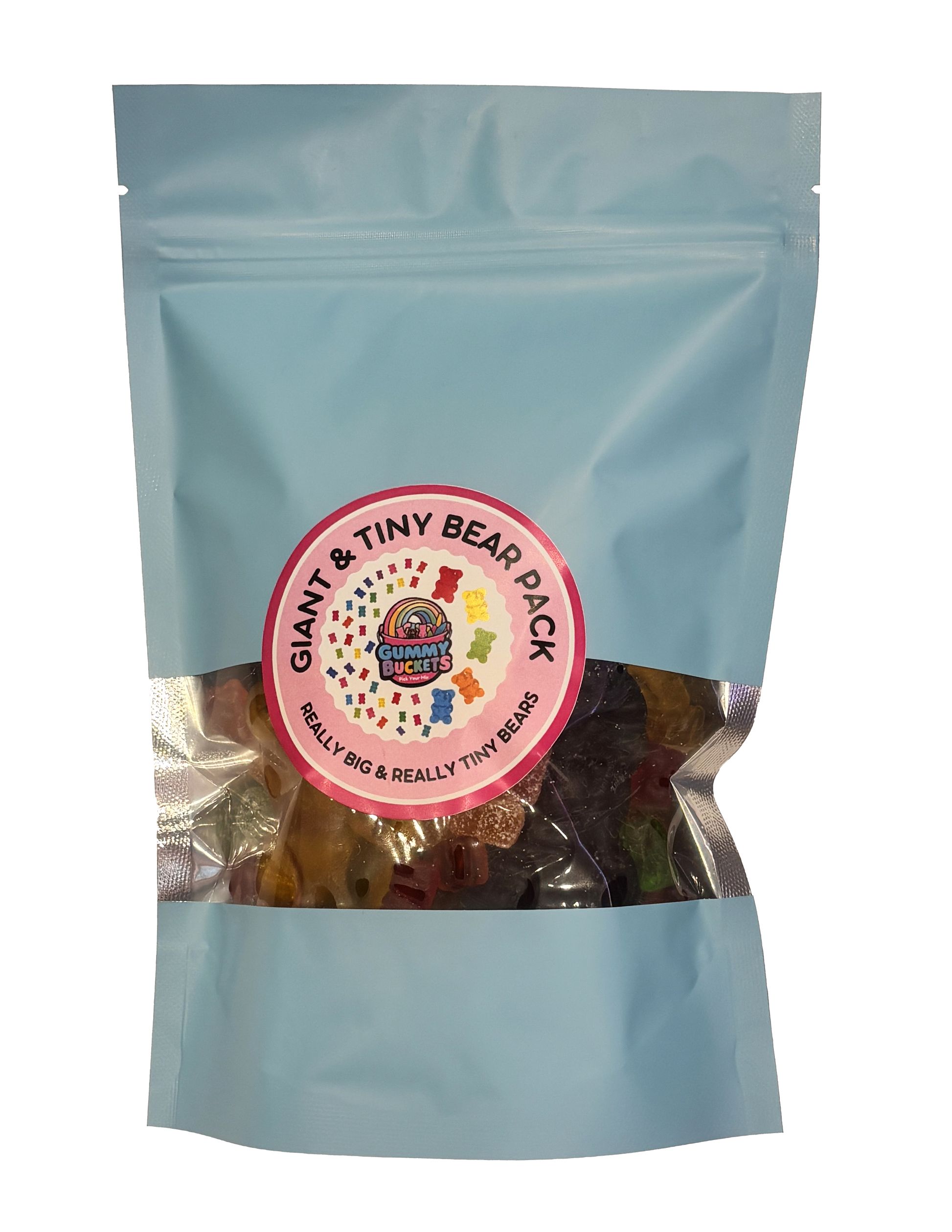 A light blue resealable stand-up pouch with a clear window showing a mix of oversized giant gummy bears and mini tiny gummy bears in red, orange, yellow, green, and purple inside. A round pink label on the front reads 'GIANT & TINY BEAR PACK' and 'REALLY BIG & REALLY TINY BEARS' with the Gummy Buckets logo surrounded by illustrated large and small bear icons in the center.