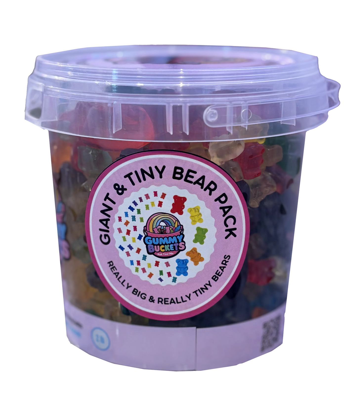 A clear plastic tub filled with assorted gummy bears, featuring a round pink and white label that reads 'GIANT & TINY BEAR PACK' with the Gummy Lickets logo in the center. The tub is photographed on a plain white background.
