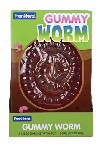 Frankford Gummy Worm candy box, featuring a large circular gummy worm in the center on a green and brown package design.