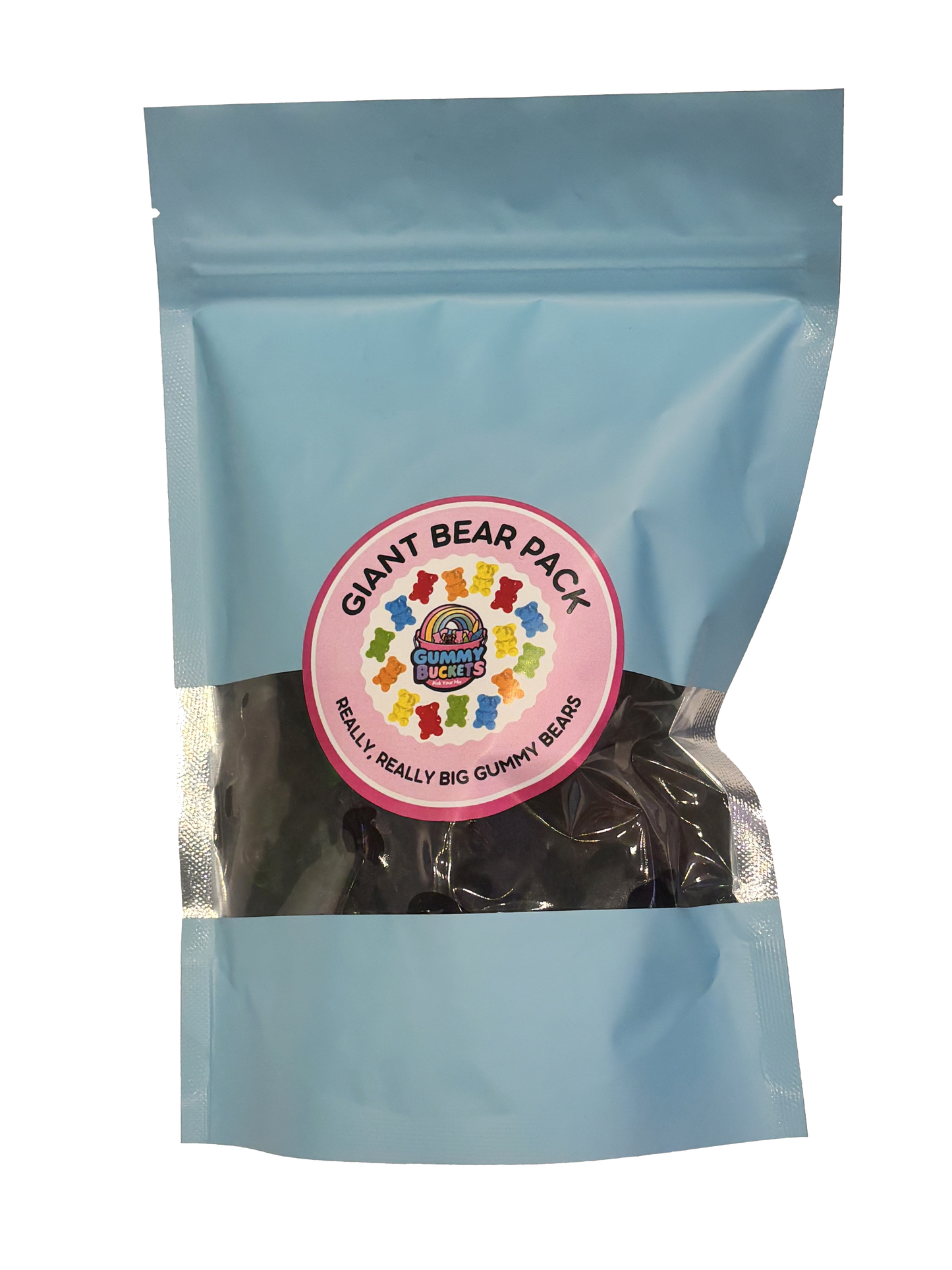 A light blue resealable stand-up pouch with a clear window showing large oversized gummy bears in red, orange, yellow, green, and purple inside. A round pink label on the front reads 'GIANT BEAR PACK' and 'REALLY, REALLY BIG GUMMY BEARS' with the Gummy Buckets logo surrounded by illustrated colorful giant gummy bear icons in the center.