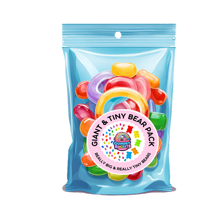 Packaged colorful gummy bears with a visible brand label on a white background