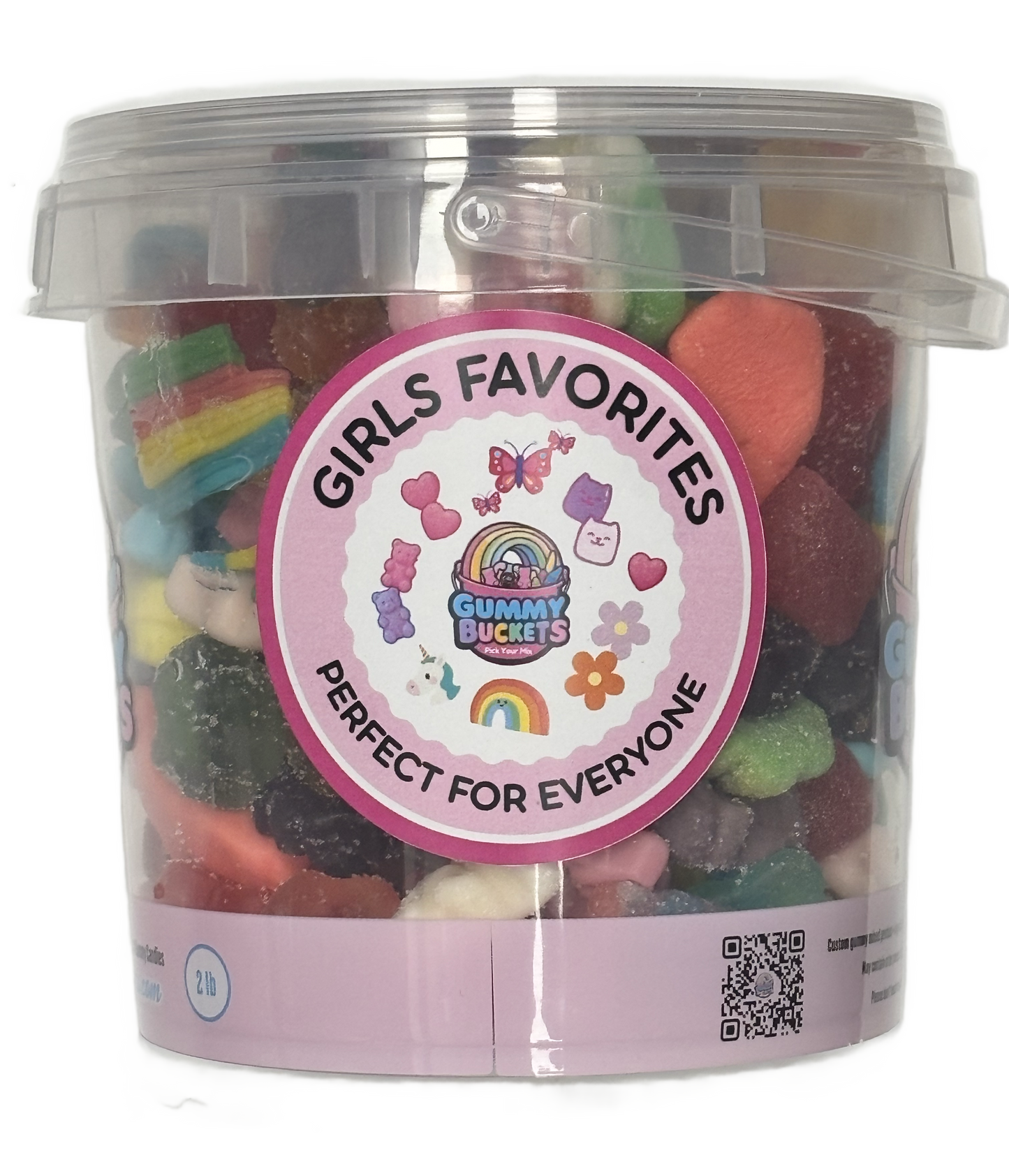 A clear plastic tub filled with assorted colorful gummy candies, featuring a round pink label that reads 'GIRLS FAVORITES' and 'GUMMY BUCKETS' with a rainbow and cartoon graphics.