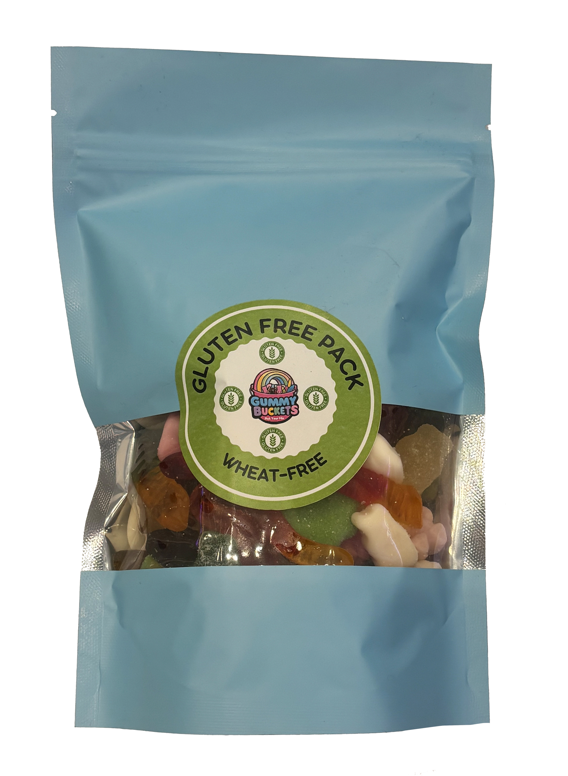 A light blue resealable stand-up pouch with a clear window showing a colorful assortment of mixed gummy candies including bears, worms, peach rings, and fruit shapes inside. A round green label on the front reads 'GLUTEN FREE PACK' and 'WHEAT-FREE' with the Gummy Buckets logo surrounded by illustrated wheat-free and gluten-free certification icons in the center.