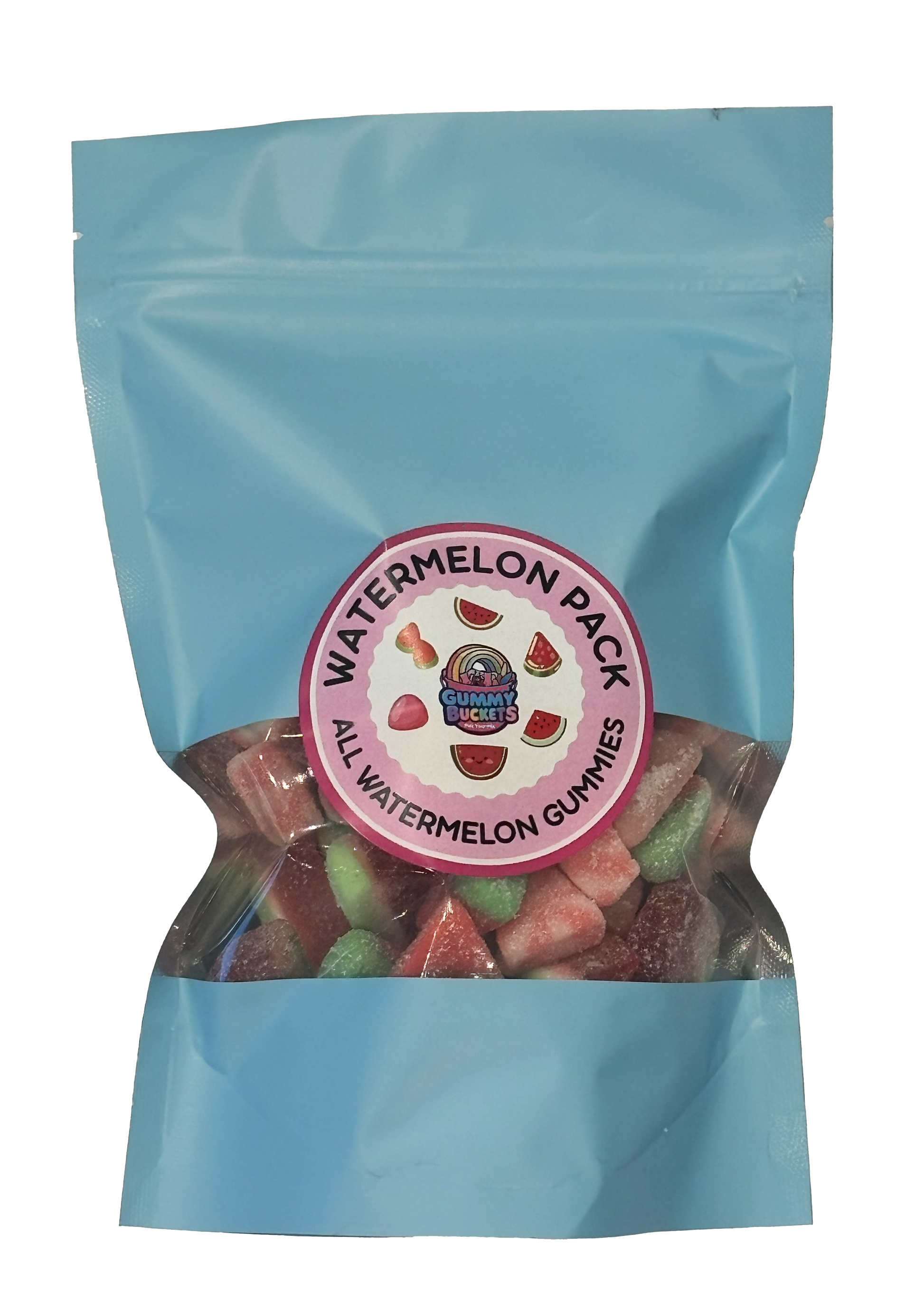 A light blue stand-up pouch of watermelon gummy candy with a clear window showing the colorful gummies inside. The front has a circular label reading 'Watermelon Pack' and 'All Watermelon Gummies' with a small brand logo in the center.