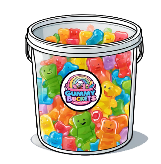 Gummy Buckets cartoon of medium size bucket of candy.  Clear bucket that is full of candy with a circle logo at the front.