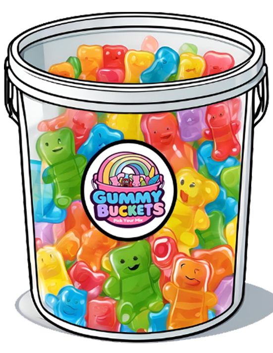 Gummy Buckets cartoon of large size bucket of candy.  Clear bucket that is full of candy with a circle logo at the front.