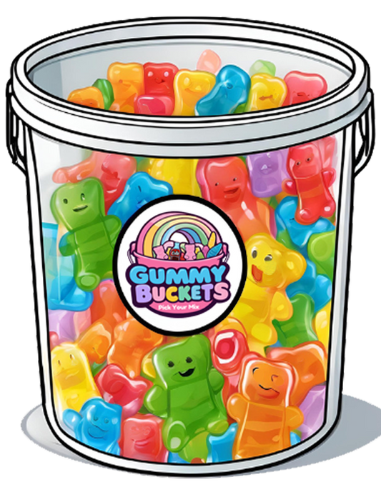 Gummy Buckets cartoon of large size bucket of candy.  Clear bucket that is full of candy with a circle logo at the front.