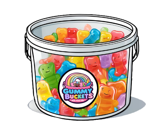 Gummy Buckets cartoon of small size bucket of candy.  Clear bucket that is full of candy with a circle logo at the front.