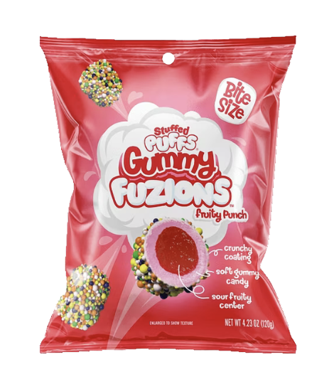 Fruit Punch Stuffed Puffs Gummy Fuzions candy in a red bag
