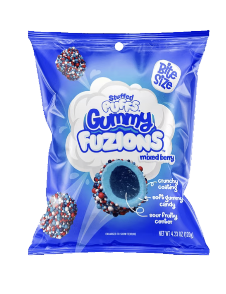Blue Stuffed Puffs Gummy Fuzions Mixed Berry bag showing a candy with a crunchy coating and dark blue center.