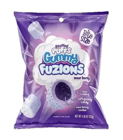 Sour Brry Stuffed Puffs Gummy Fuzions candy in a purple bag