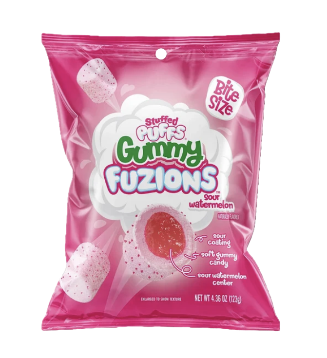 Pink Stuffed Puffs Gummy Fuzions Sour Watermelon bag showing a gummy with a red center and sour coating.