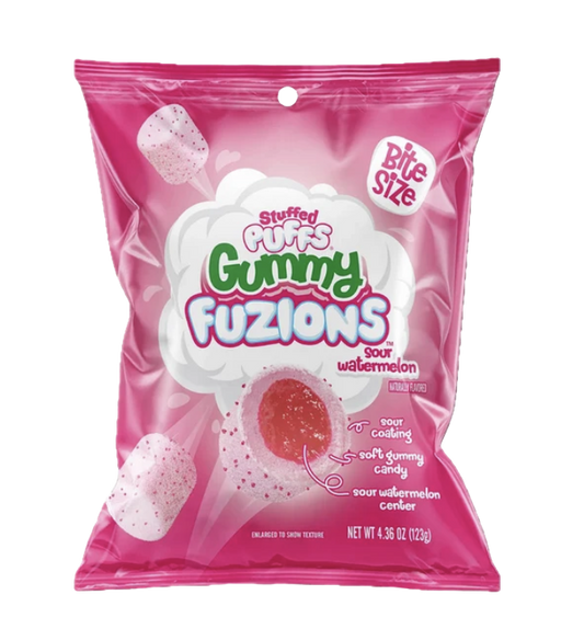 Pink Stuffed Puffs Gummy Fuzions Sour Watermelon bag showing a gummy with a red center and sour coating.