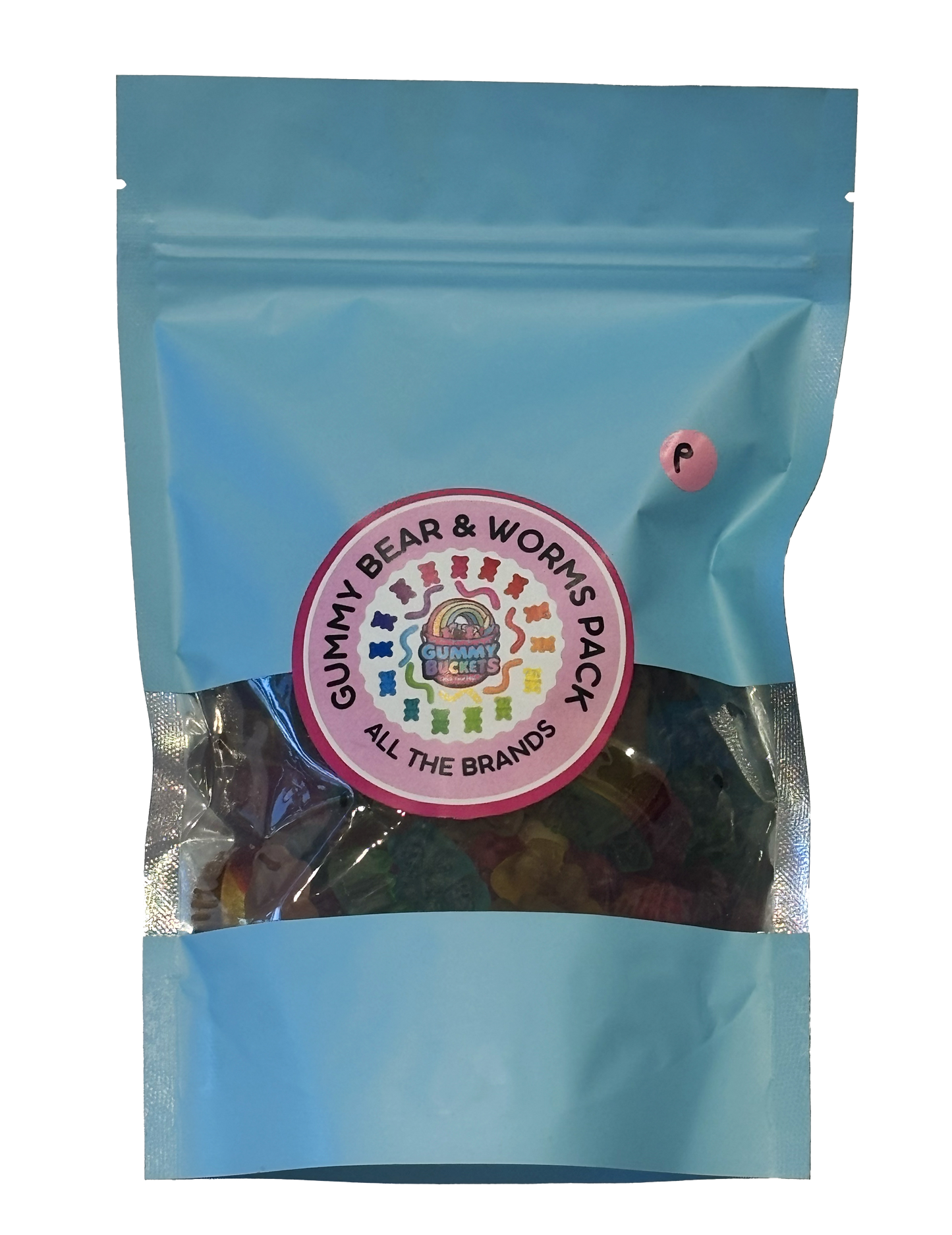 A light blue resealable stand-up pouch with a clear window showing a colorful mix of gummy bears and gummy worms from various brands in red, green, yellow, orange, and blue inside. A round pink label on the front reads 'GUMMY BEAR & WORMS PACK' and 'ALL THE BRANDS' with the Gummy Buckets logo surrounded by illustrated colorful gummy bear and worm icons in the center.