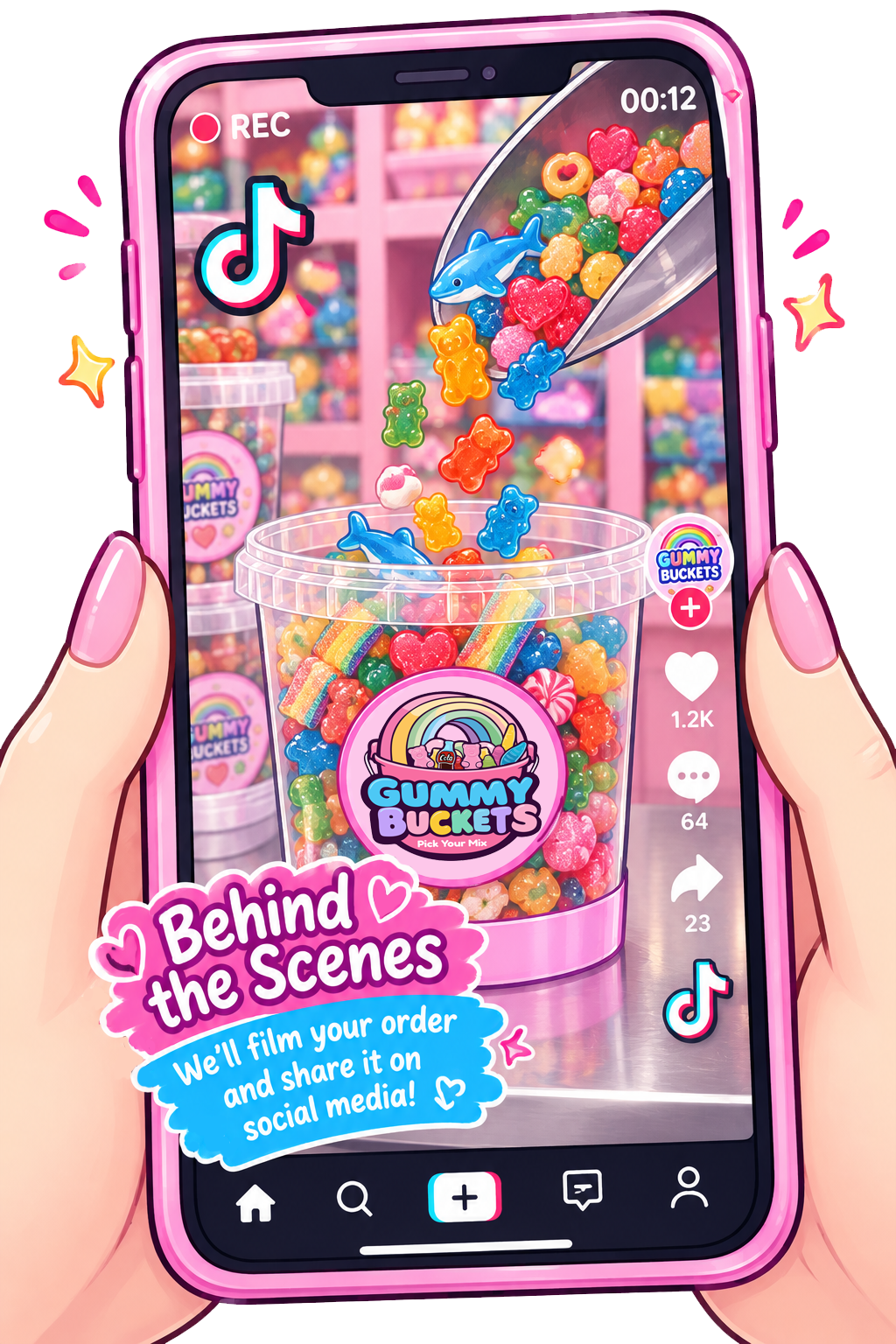 A cartoon pink phone held vertically by hands with pink nail polish filming a bucket of gummies being filled by scoop for TikTok.