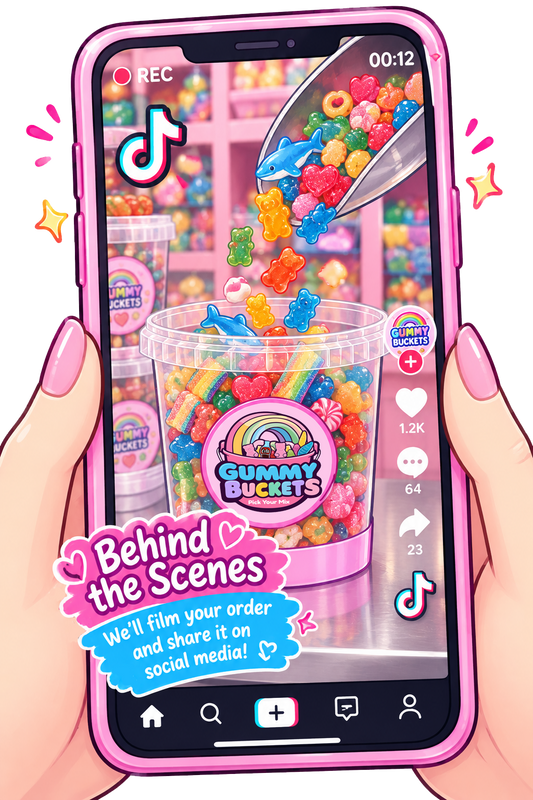 A cartoon pink phone held vertically by hands with pink nail polish filming a bucket of gummies being filled by scoop for TikTok.