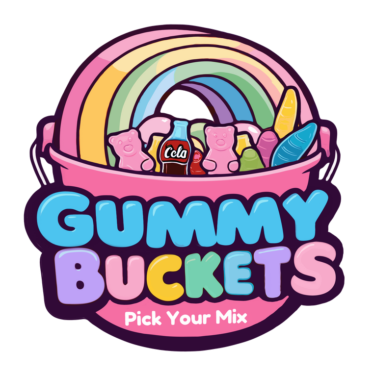 A colorful graphic logo for 'Gummy Buckets' featuring a pink bucket filled with gummy candies, a rainbow, and a gummy bottle styled like a Coca-Cola bottle, with the text 'GUMMY BUCKETS' and 'Pick Your Mix'.