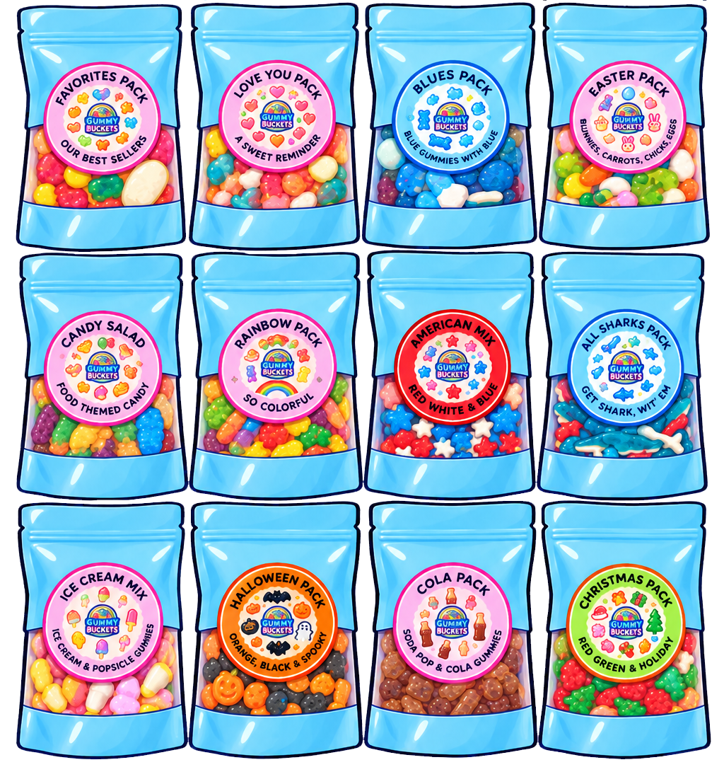 Gummies delivered every month- 12 bags of various gummies.  3 rows of 4 blue bags.