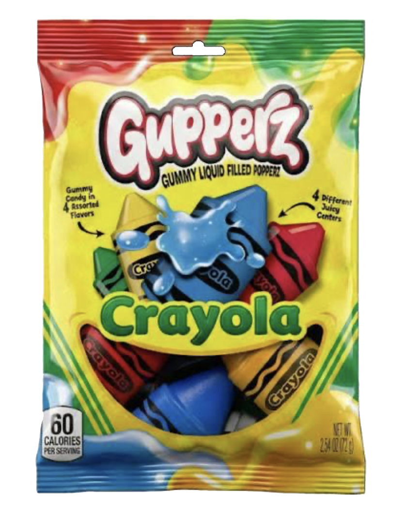 Yellow Gupperz Crayola bag showing colorful crayon-shaped liquid-filled gummies.