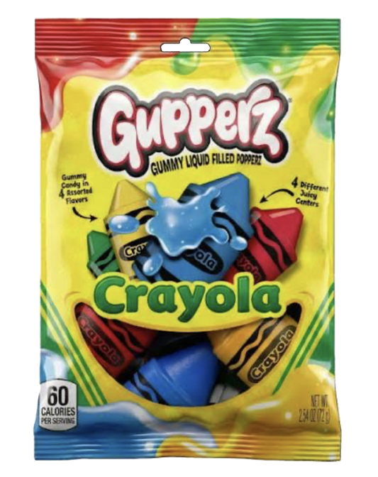 Yellow Gupperz Crayola bag showing colorful crayon-shaped liquid-filled gummies.
