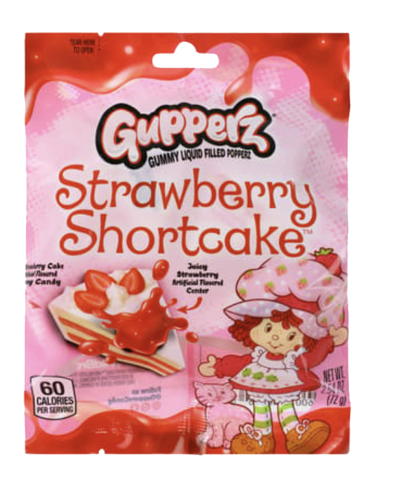 Pink Gupperz Strawberry Shortcake bag showing liquid-filled gummy candy and Strawberry Shortcake artwork.