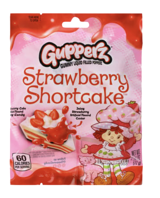 Pink Gupperz Strawberry Shortcake bag showing liquid-filled gummy candy and Strawberry Shortcake artwork.
