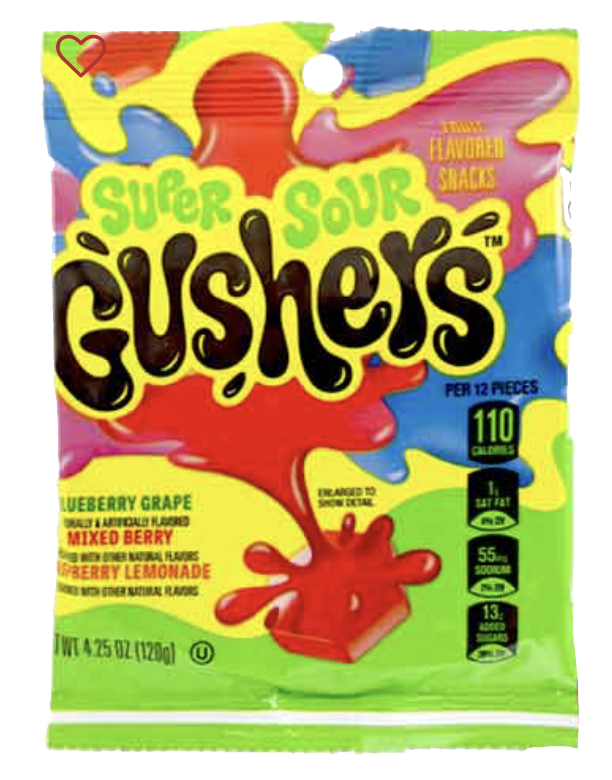 Colorful Super Sour Gushers pouch showing fruit-flavored snacks with liquid centers.