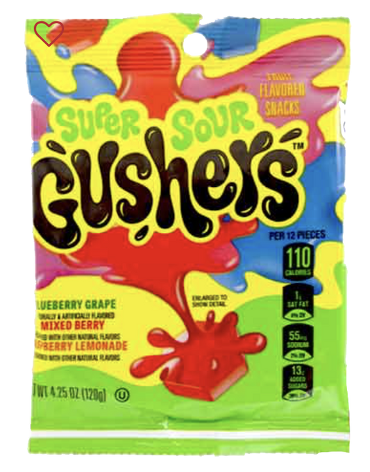 Colorful Super Sour Gushers pouch showing fruit-flavored snacks with liquid centers.