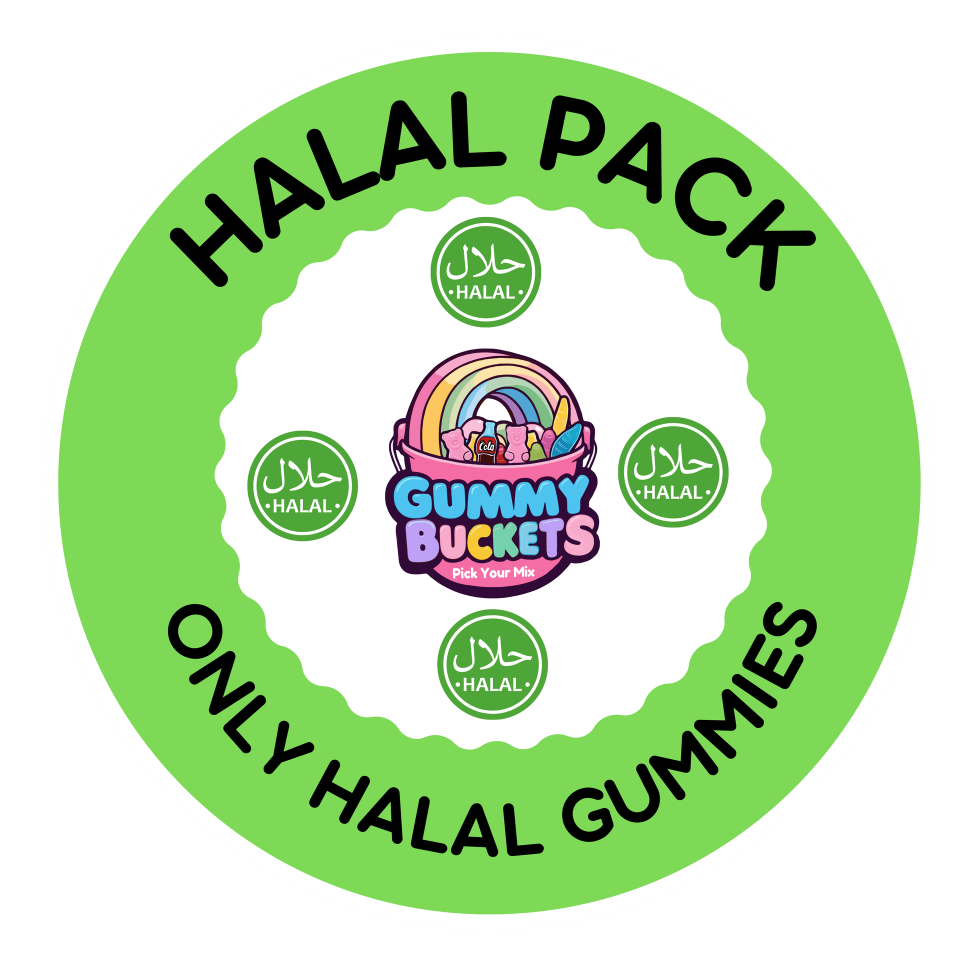 A circular green and white graphic with the text 'HALAL PACK' at the top and 'ONLY HALAL GUMMIES' at the bottom. The center shows the Gummy Buckets logo with a rainbow and gummy characters, surrounded by five small green circular 'HALAL' badges.