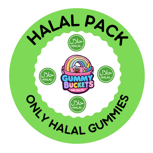 A circular green and white graphic with the text 'HALAL PACK' at the top and 'ONLY HALAL GUMMIES' at the bottom. The center shows the Gummy Buckets logo with a rainbow and gummy characters, surrounded by five small green circular 'HALAL' badges.
