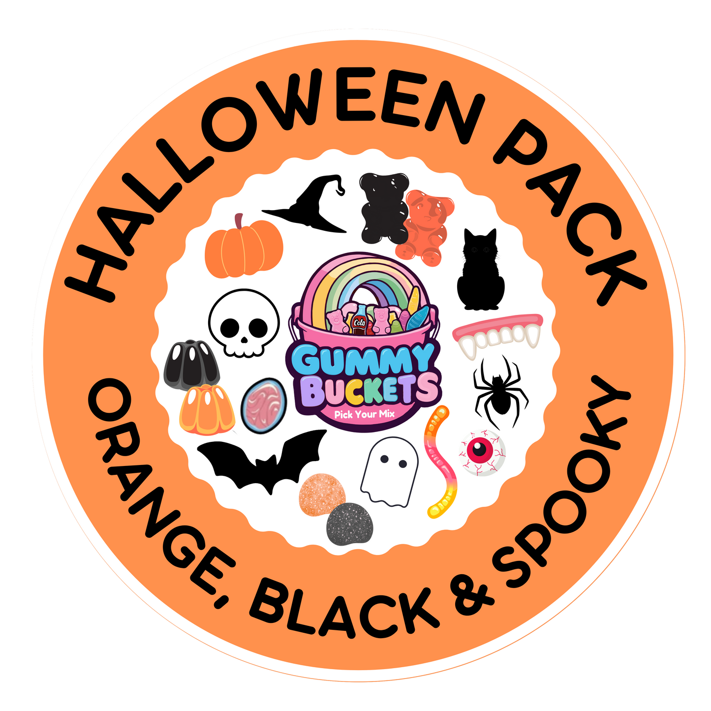 Halloween-themed product packaging with 'Gummy Buckets' logo and various Halloween icons on an orange background.