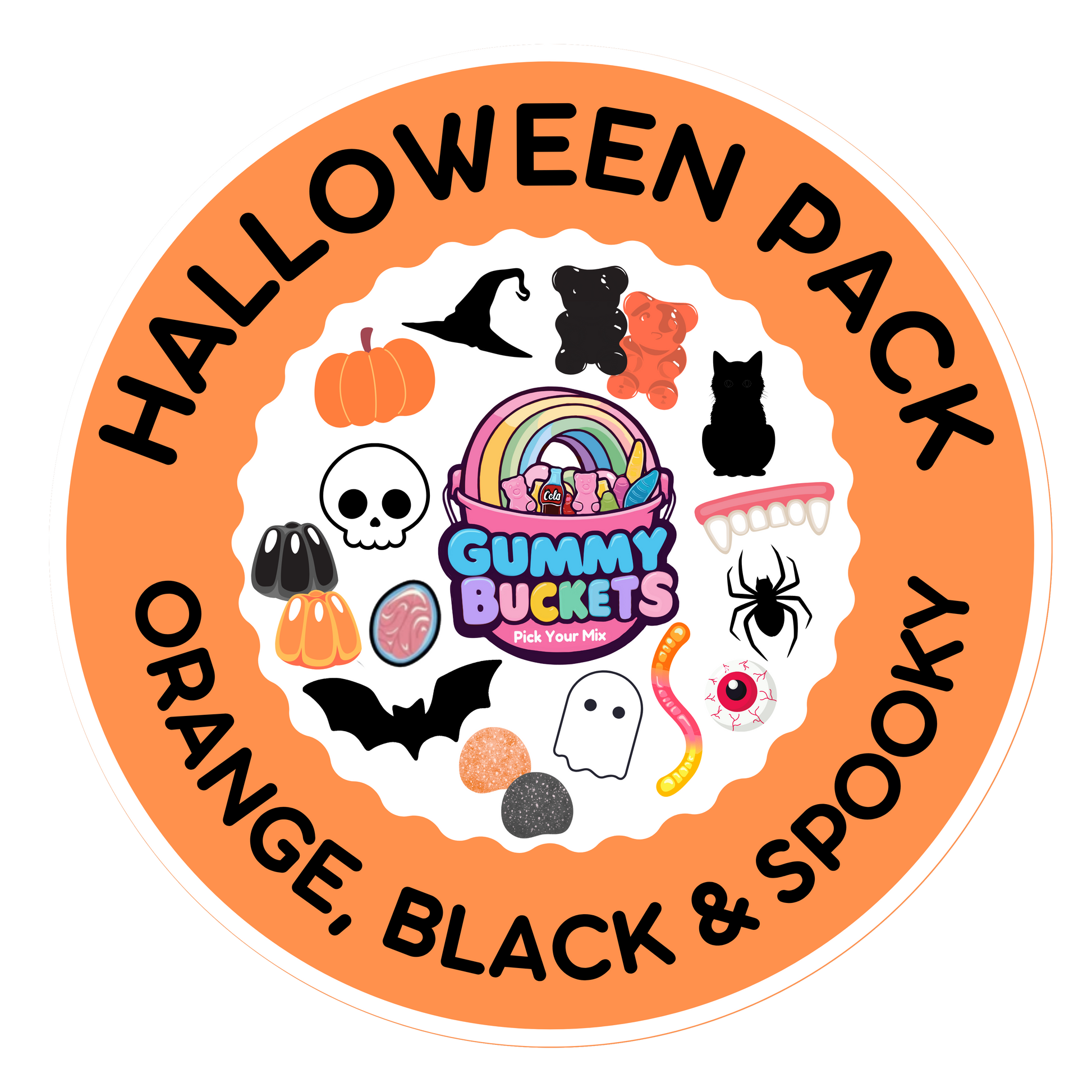 Halloween-themed product packaging with 'Gummy Buckets' logo and various Halloween icons on an orange background.