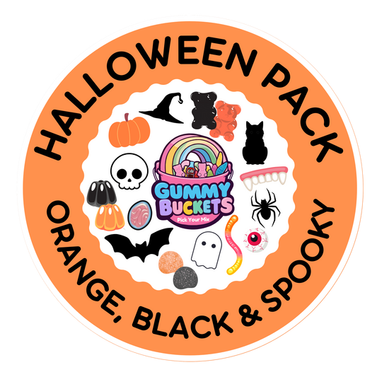 Halloween-themed product packaging with 'Gummy Buckets' logo and various Halloween icons on an orange background.