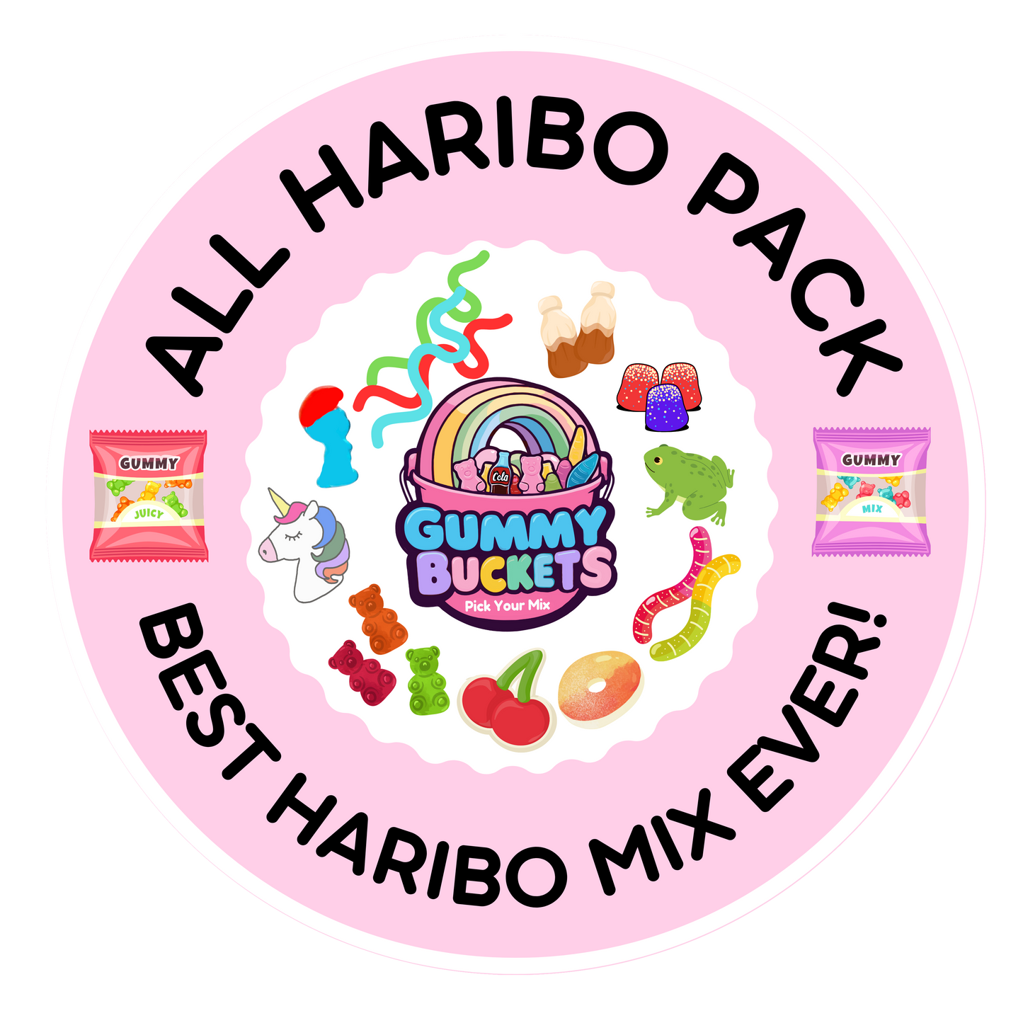 A circular pink sticker or label design with the text 'ALL HARIBO PACK' and 'BEST HARIBO MIX EVER!' around a central 'Gummy Buckets' logo, decorated with colorful candy and gummy illustrations.