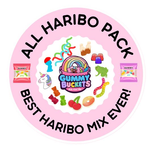 A circular pink sticker or label design with the text 'ALL HARIBO PACK' and 'BEST HARIBO MIX EVER!' around a central 'Gummy Buckets' logo, decorated with colorful candy and gummy illustrations.