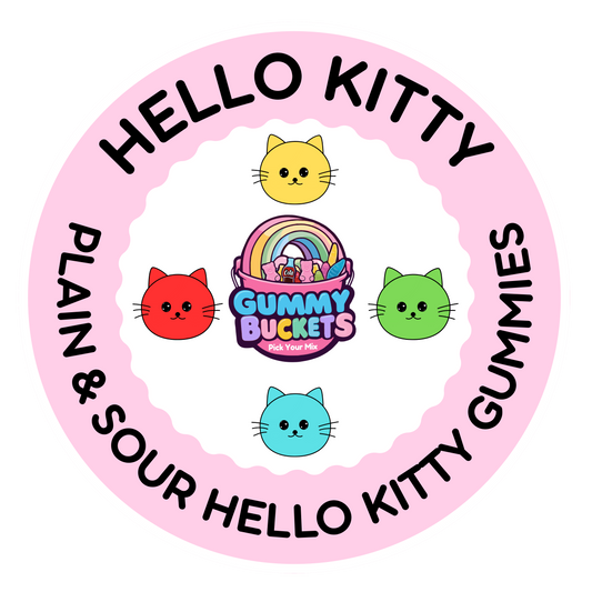 A circular pink graphic for Hello Kitty Gummy Buckets, featuring cartoon cat faces in yellow, red, green, and blue, with text reading 'HELLO KITTY' and 'PLAIN & SOUR HELLO KITTY GUMMIES' around a central bucket illustration.