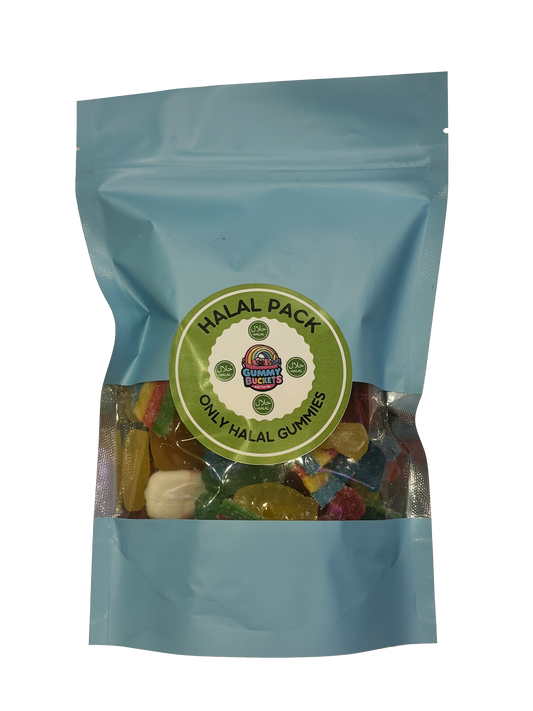 A light blue resealable stand-up pouch with a clear window showing a colorful assortment of halal-certified gummy candies including bears, rings, frogs, and fruit shapes inside. A round green label on the front reads 'HALAL PACK' and 'ONLY HALAL GUMMIES' with the Gummy Buckets logo surrounded by illustrated halal certification symbols in the center.