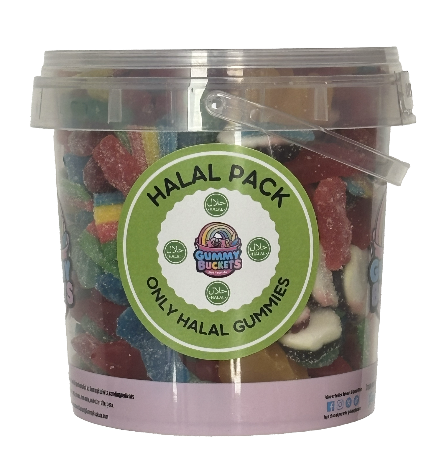 A clear plastic bucket filled with colorful gummy candies, featuring a large green and white circular label that reads 'HALAL PACK' and 'ONLY HALAL GUMMIES,' with the Gummy Buckets logo in the center.