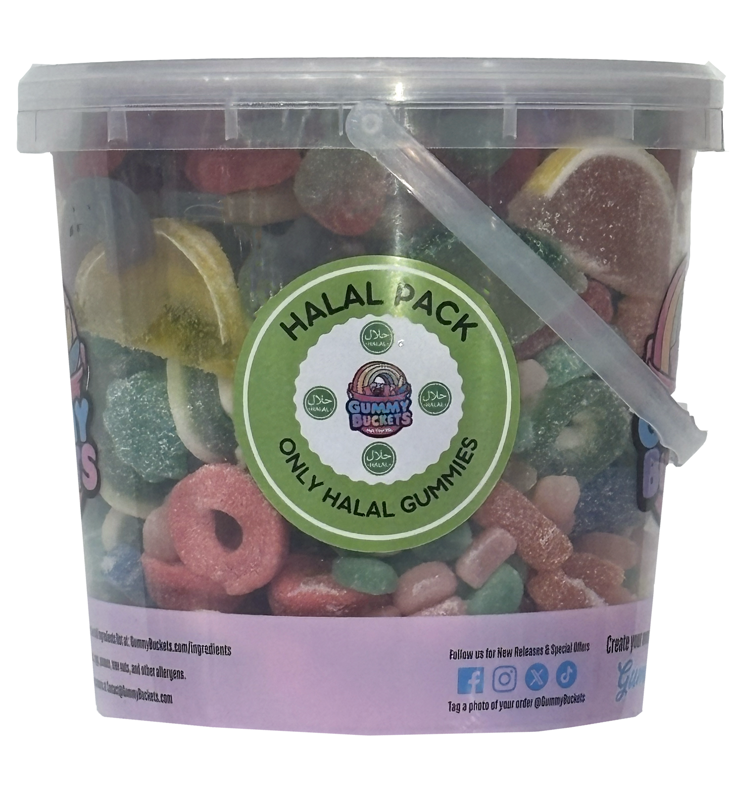 A clear plastic tub of Gummy Pack halal gummies with a white lid and a clear plastic handle. The tub is filled with assorted colorful gummy candies, including lemon slices, rings, and chewers.