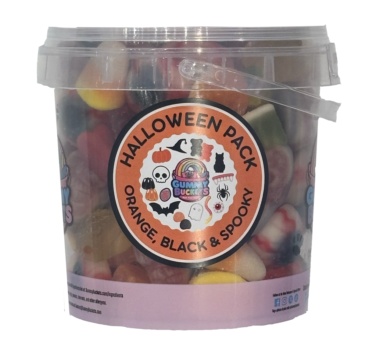 A clear plastic bucket filled with assorted Halloween-themed gummy candies, featuring a round orange label that reads 'HALLOWEEN PACK ORANGE, BLACK & SPOOKY' with cute candy illustrations. The bucket has a clear lid and handle, and a small 'Gummy Lickers' logo is visible on the label.