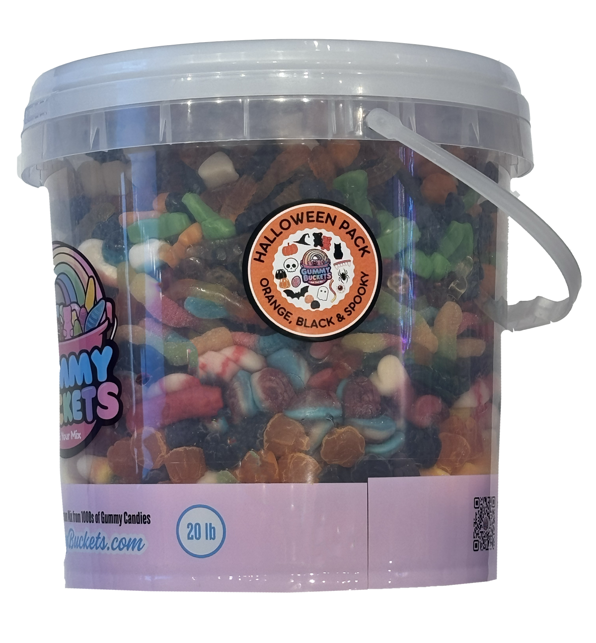 A 20 lb clear plastic bucket filled with assorted colorful gummy candies, featuring a white lid, white handle, and a circular orange and black 'Halloween Pack' label on the front.