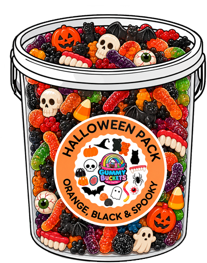 A large clear plastic bucket filled with assorted Halloween-themed gummy candies, shown on a plain white background. The candy mix includes orange jack-o'-lanterns, black gummies, purple gummy worms, green candy corn, white eyeballs, and a round orange label reading 'Halloween Pack' with 'Orange, Black & Spooky' and the Gummy Buckets logo.