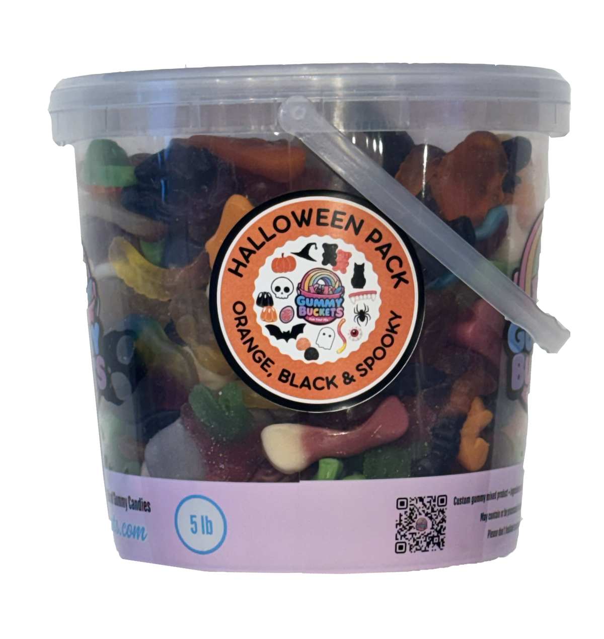 A 5 lb clear plastic bucket filled with assorted colorful gummy candies, featuring a white lid, white handle, and a circular orange and black 'Halloween Pack' label on the front.