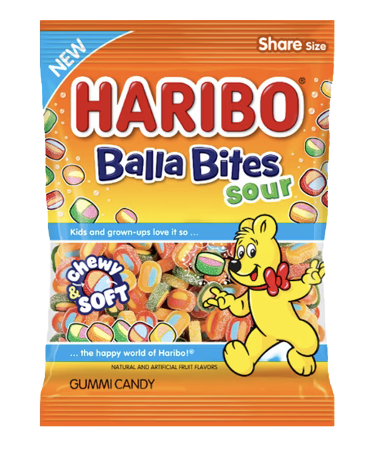 Orange HARIBO Balla Bites Sour bag showing multicolored candy pieces through its window.