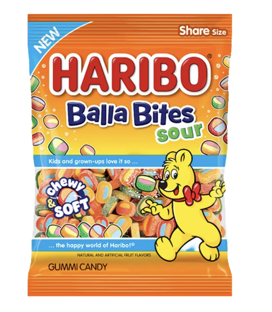 Orange HARIBO Balla Bites Sour bag showing multicolored candy pieces through its window.