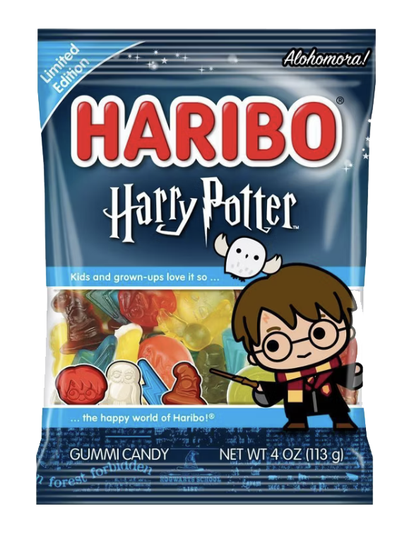 Dark blue HARIBO Harry Potter bag with character-shaped gummies and a Harry Potter illustration.